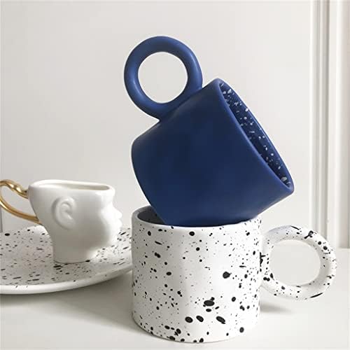 כוס קפה קרמיקה קרמיקה עגיל גדול כוס קפה ספל עגול ידית צביטה כוסות לבנות כחולות עם נקודות כוס חלב מקומטת ביד