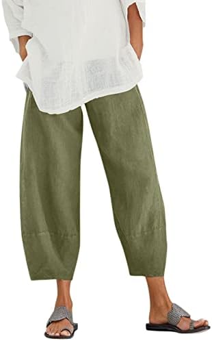 מכנסי קפרי פשתן כותנה לנשים, נוחות מזדמנת רגל רחבה פלאצו יוגה קפריס קיץ מכנסיים רחבים טרנדיים עם כיסים