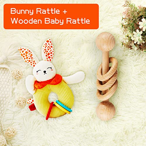 רעשן לתינוק מעץ עם סט מקשקש עם ארנב רך קטיפה, צעצועים מקשקשים של חיה מפוארת של חיה מקטיפה.